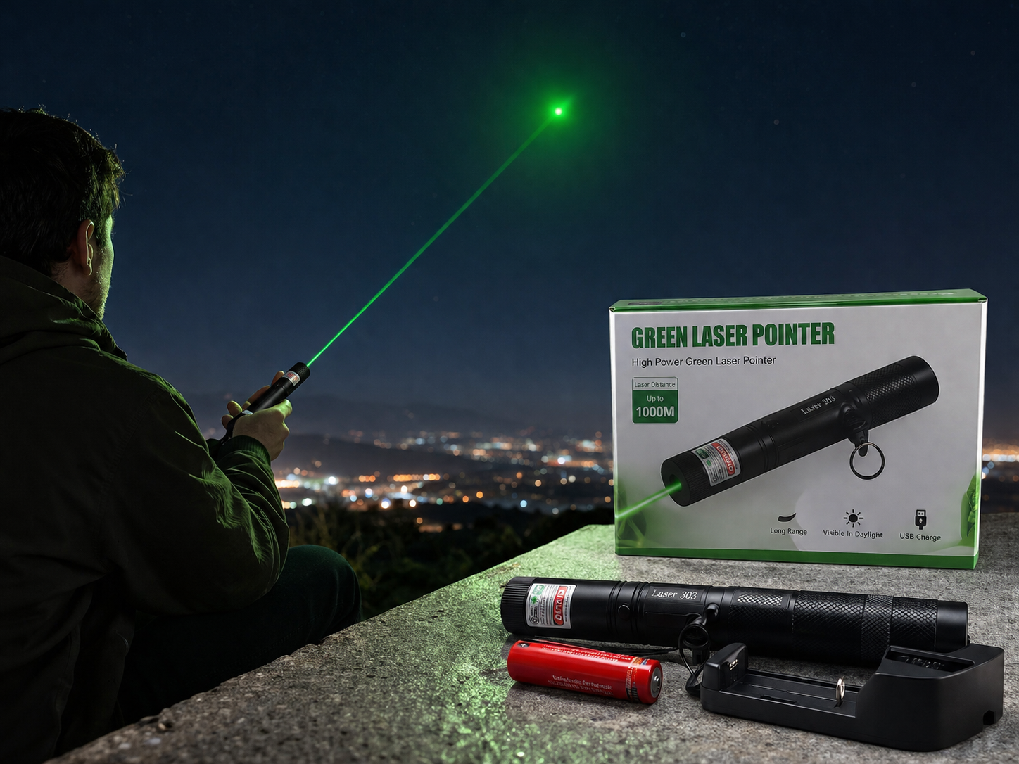 لیزر سبز شارژی مدل Laser 303 برد بلند به همراه باتری و شارژر