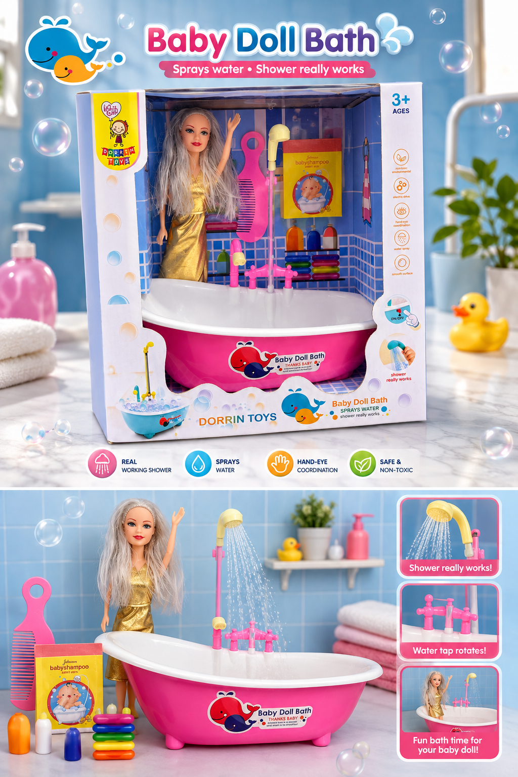 ست حمام باربی با وان و دوش آب‌پاش | Baby Doll Bath