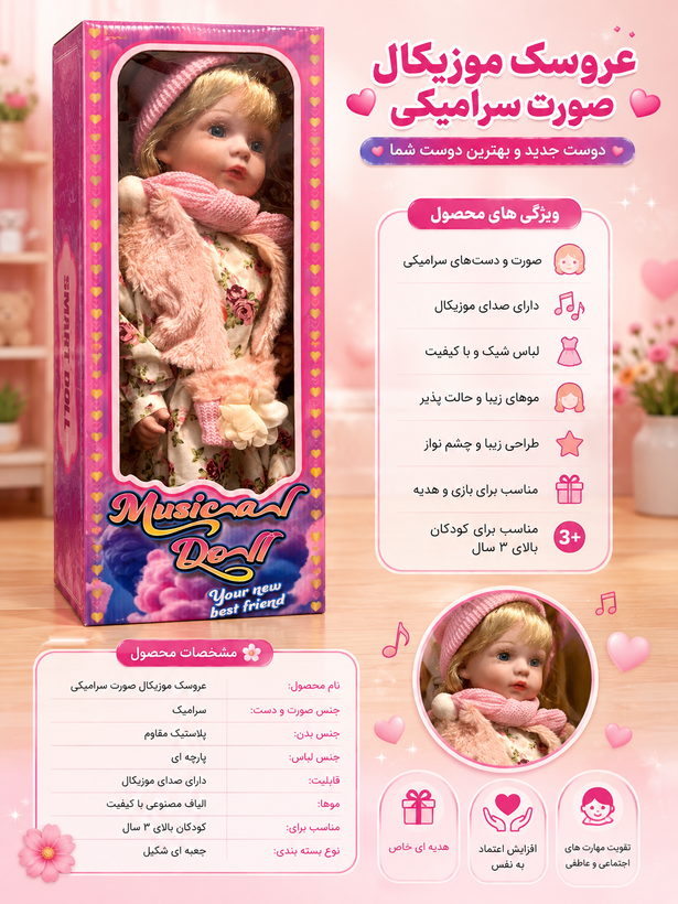 عروسک موزیکال صورت سرامیکی | Musical Doll | عروسک دخترانه با لباس زمستانی